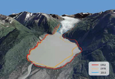 Figure from Schoen et al 2017; Figure 5. Perspective rendering showing retreat of the Skilak Glacier, a major source of glacial runoff to the Kenai River. An interactive slider graphic showing greater detail is available at https://ak-nsf-epscor.github.io/kenai-change